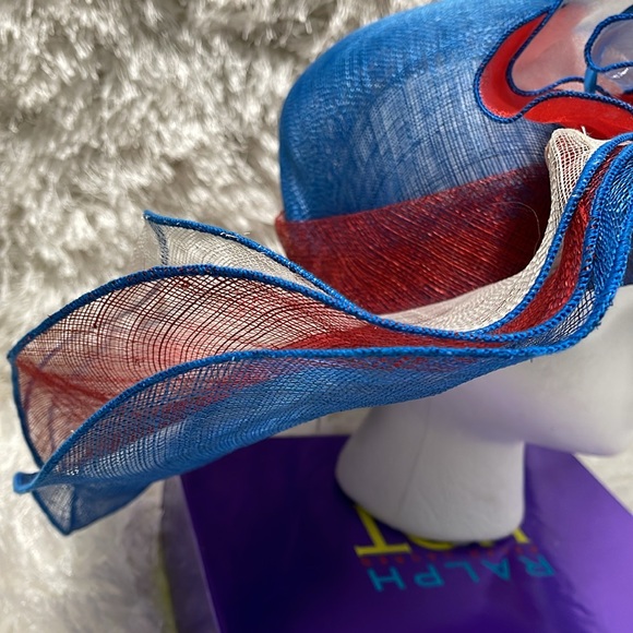 Kentucky Derby Side Flip 7" Brim Sinamay Layered Feather Hat USA Flag Patriotic - Picture 11 of 16